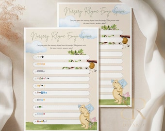 Nursery Rhyme Emoji Baby Shower Game | Classic Winnie the Pooh | Gender Neutral Activity | A5 Printed