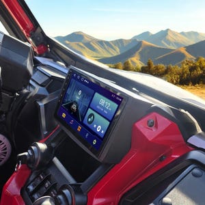 May include: A black and gray car dashboard with a touchscreen display showing a navigation map, music controls, and the time 08:12 AM. The display is mounted in a red plastic frame.