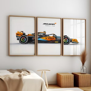 Mclaren Formula 1 – Conjunto de três pôsteres de design de carro de corrida moderno, decoração para casa, arte de parede, pôster de arte para presente