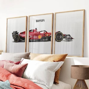 Set di 3 poster di Formula 1 Ferrari – Moderna arte murale di auto da corsa, regalo di arredamento per la casa per gli appassionati di auto, stampa artistica