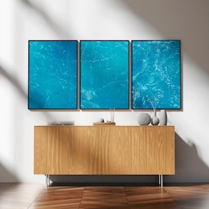 Abstraktes Poster 3er Set Meereswellen | Minimalistische blaue Triptychon-Wandkunst | Digitaler Download