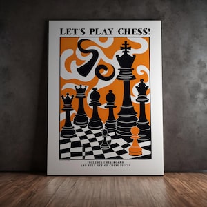 Vintage Chess Poster: Orange Swirls, Bold Chess Pieces (Digital Download)