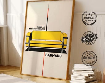 Lámina artística de un sofá amarillo Bauhaus: póster G5 de mediados de siglo (descarga digital)