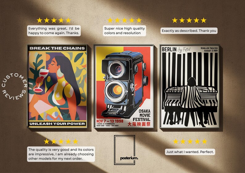 May include: Three framed art prints with vintage-style designs. One features a woman with a wine glass, another a retro camera, and the third a piano player. The prints have text that reads "BREAK THE CHAINS", "OSAKA MOVIE FESTIVAL", and "BERLIN Jazz Festival".