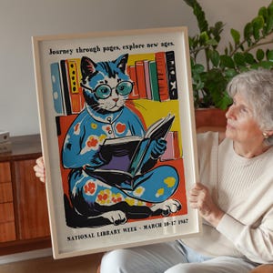 Vintage Library Cat Poster 1987 Retro Reading Wall Art for Book Lovers - National Library Week Print Decor