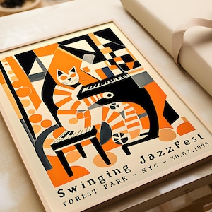 New York Jazz Fest 1999 Swinging Jazz Fest - Retro Jazz Cat Art Poster - Wydruk dla miłośników muzyki i kotów, Nowoczesna sztuka ścienna, Pobieranie cyfrowe