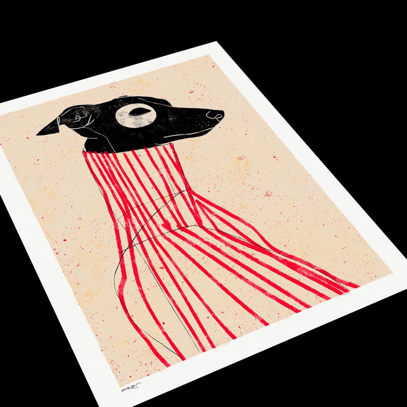 Puede incluir: Ilustraci&oacute;n en blanco y negro de un perro con una bufanda a rayas rojas y blancas. El fondo es beige claro con una textura moteada.