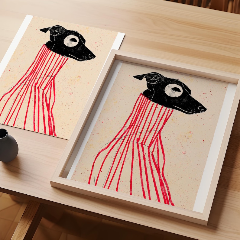 Puede incluir: Una ilustraci&oacute;n en blanco y negro de un perro con un su&eacute;ter a rayas rojas y blancas. El perro mira hacia la derecha y tiene un ojo grande y redondo.
