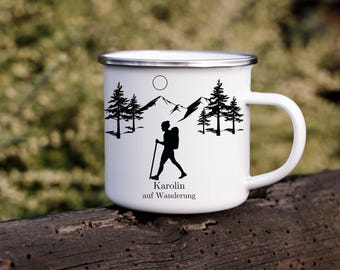 Personalized Enamel Ceramic Mug for Hiking, Outdoor Camping, Gift, Handmade, Name, Mountains, Nature, Adventure, Trekking, Wanderlust, Summer