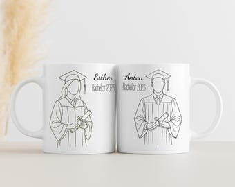 May include: Two white coffee mugs with black outlines of a graduate in a cap and gown holding a diploma. The text on the mugs reads "Esther Bachelor 2023" and "Anton Bachelor 2023".