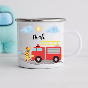Personalized Enamel Mug Ceramic Fire Department Children Gift Fireman Fire Engine Mug with Name Individually Personalized