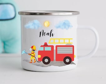 Personalized enamel mug, ceramic, fire truck, children's gift, firefighter, fire engine mug with name, individually personalized