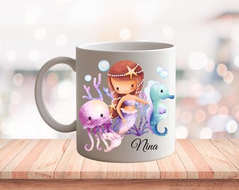 Personalized Enamel Mug Mermaid Kids Gift Name Unique Underwater World Seahorse Baby Nursery Handmade