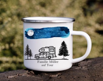Taza de camping personalizada para autocaravana, esmaltada o cerámica, regalo para campista, apellido, viaje, aventura, naturaleza, exterior, taza de vacaciones
