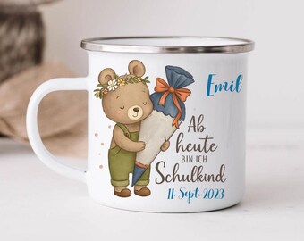 First Day of School Mug, Schoolchild Mug with Name, Enamel Mug, Ceramic Mug, Gift for First Day of School 2025, Personalized Bear, School Cone, Kindergarten