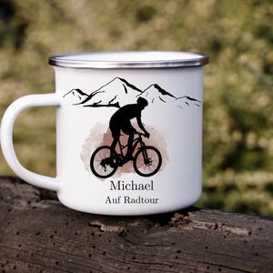 Personalized Ceramic Enamel Mug Cyclist Gift for Mountain Biker Bicycle Lover Outdoor Adventure Bike Tour Nature Cycling