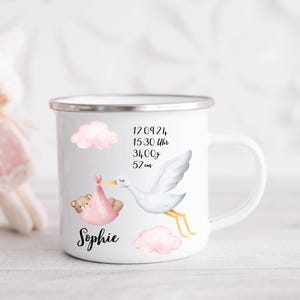 Baby gift birth enamel ceramic mug newborn gift idea stork handmade parents gift baby memory christening gift