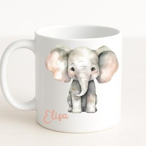 Personalized Enamel Ceramic Mug Elephant Gift Children Name Animal Motif Handmade Birthday Gift Idea Zoo Kids Mug Safari
