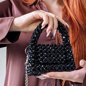 Black Crystal Beaded Evening Bag: Handmade Formal Clutch with Silver Chain
