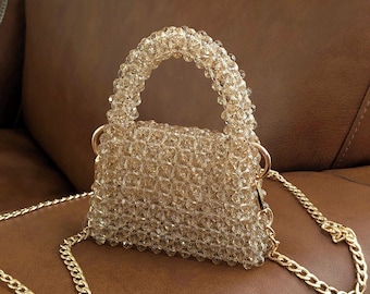 Gold Beaded Bag, Luxury Crystal Clutch, Wedding or Evening Purse, Statement Handbag