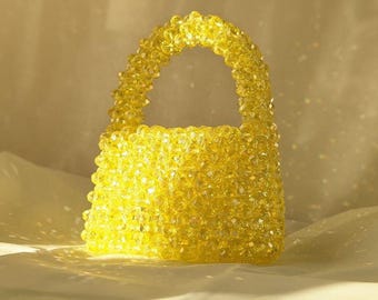 Yellow Crystal Mini Bag, Handmade Beaded Clutch, Sparkly Evening Purse, Bead Handbag