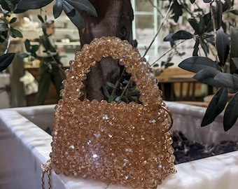 Champagne Beaded Clutch, Wedding Bridal Gift, Luxury Evening Purse, Handmade   Crystal Bead Bag