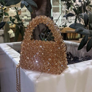 Champagne Crystal Bridal Bag – Handmade Beaded Purse with Gold Chain | Elegant Wedding Clutch | Luxury Gift for Bride