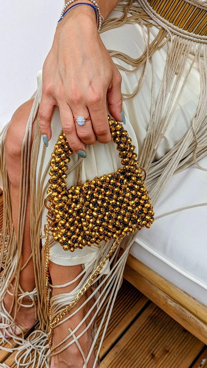 Gold Crystal Beaded Mini Bag – Handmade Czech Bead Purse, Evening