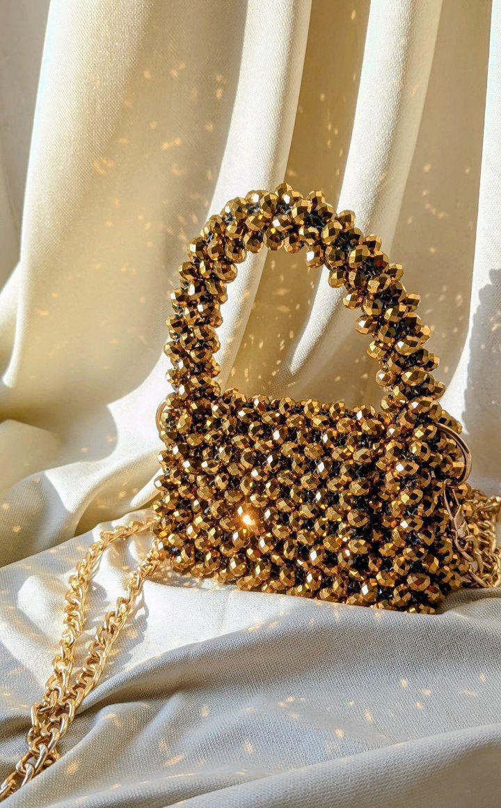 Gold Crystal Beaded Mini Bag – Handmade Czech Bead Purse, Evening