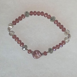 Murano Glass Leaf Bracelet, Dusty Rose Beaded Stretch Bracelet