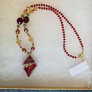 Murano Glass Diamond Shaped Pendant Necklace - Red & Gold Foil Venetian Art Glass - Handcrafted Italian Statement Jewelry