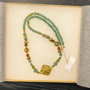 Murano Glass Statement Necklace - Jade Green and Gold Venetian Pendant