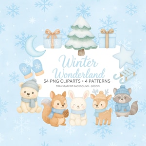 Puede incluir: Ilustración en acuarela con temática de invierno, con animales adorables, copos de nieve y regalos. Incluye un oso polar, una ardilla, un conejo, un ciervo y un mapache, todos con bufandas y sombreros. También presenta un árbol de Navidad, luna, estrella, mitones y un trineo.