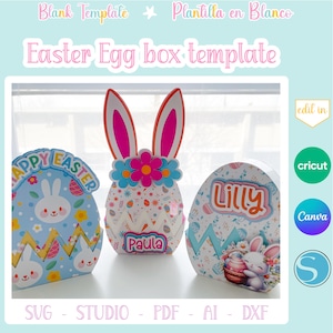 Puede incluir: Tres cajas con forma de huevo de Pascua con diseños de orejas de conejo y flores. Las cajas están decoradas con colores pastel, estampados florales y los nombres "Paula" y "Lilly". El texto "Easter Egg box template" está en la parte superior.