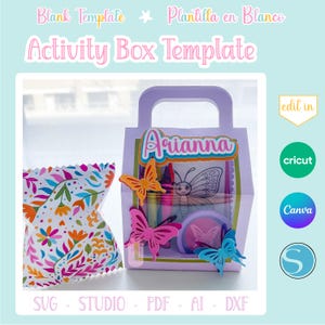 Puede incluir: Una plantilla de caja de actividades morada con el nombre "Arianna", decorada con recortes de mariposas. La caja contiene crayones y un dibujo de mariposa. Una bolsa con estampado floral de colores está a la izquierda. El texto incluye "Activity Box Template".