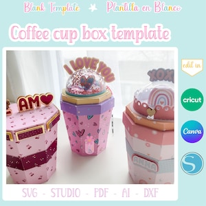Szablon pudełka na kawę do druku, pudełko na kawę DIY, papierowe pudełko na smakołyki na upominek na imprezę, szablon kubka na kawę w formacie SVG dla miłośników rękodzieła
