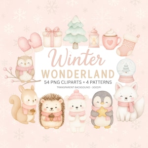 Puede incluir: Ilustración en acuarela con el texto "Winter Wonderland" con varios diseños de invierno. Incluye un búho, una ardilla, un erizo, un oso polar, un pingüino y un zorro, todos con bufandas. También incluye mitones, un regalo, un árbol de Navidad y una bola de nieve.