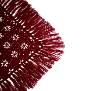 The image highlights the fringe tassels along the bottom edge of an evening shawl.