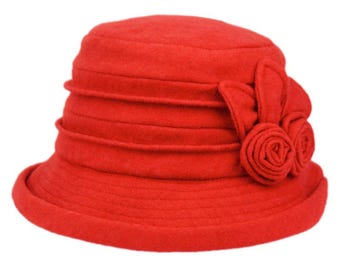 Women Fashion Wool Cloche Bucket Winter Hats with Flower on Side and Roll Over Brim