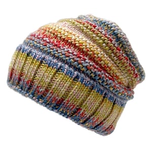 May include: A colorful knit beanie hat with a ribbed brim. The hat features a mix of colors including yellow, red, blue, and white. The hat is made of a soft, textured yarn.