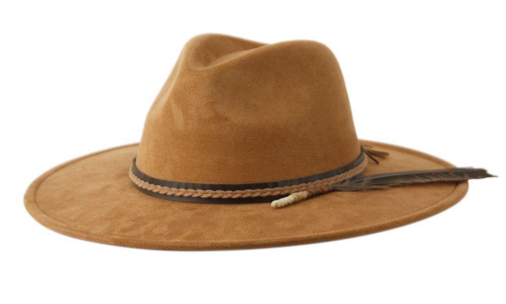 Wide Flat Brim Fedora Hat With Braided Band and Feather 