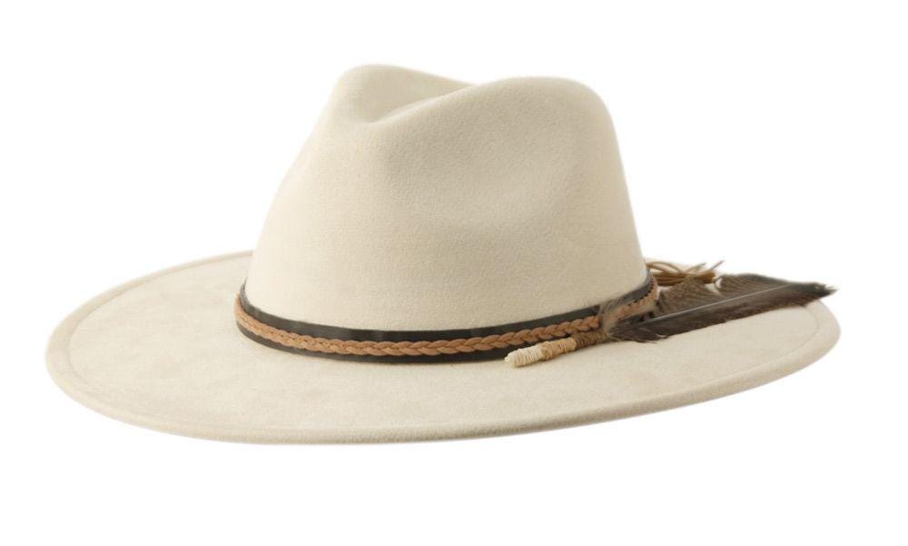 Wide Flat Brim Fedora Hat With Braided Band and Feather  display picture 1
