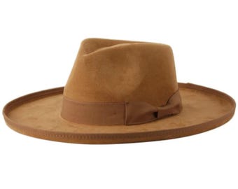 Unisex Suede Flat Top Hat/ Wide Brim/ Braided Band with Concho Wide Flat Brim Fedora Hat With Braided Band and Feather  main image 4