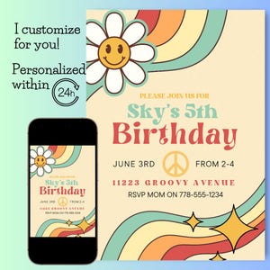 Retro Groovy Birthday Invitation | Custom Digital Invite | 70s-Theme | Smiley Face Flower Power | Girls Hippie Inspired Birthday Invitation