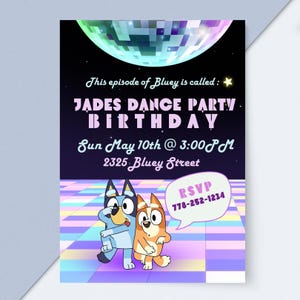 Bluey geïnspireerde verjaardagsuitnodiging, bingo en Bluey uitnodiging, Bluey verjaardagskaart, dansfeest, aangepast door verkoper, afdrukbaar, disco