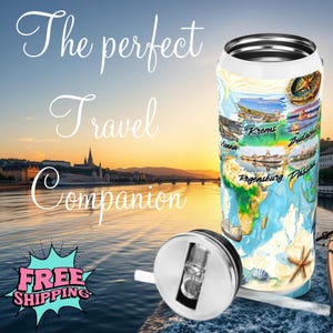 Vaso de viaje para crucero fluvial | Mapa del mundo náutico y diseño de ancla | Vasos de acero inoxidable personalizados | El regalo perfecto para los entusiastas de los cruceros