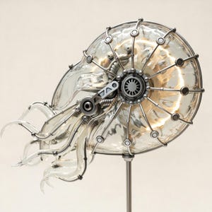 May include: A sculptural nautilus shell made of clear glass and silver-toned metal components. The shell features a mechanical gear-like center, a metal frame with small circular accents, and several curved glass tentacles extending outward.