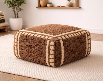 Handgemaakte Marokkaanse wollen poef - groene en crèmekleurige ruitvormige ottomane, modern boho vloerkussen, Beni Ourain-stijl, woonkamerdecoratie