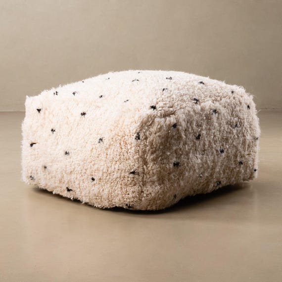 Handmade Moroccan Wool Pouf - Ivory with Black Accents, Plush Berber Floor Cushion