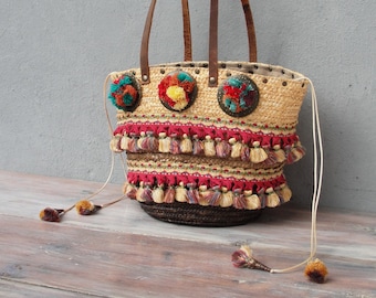 Bohemian Summer Bag, Pompom Boho Bag, Vintage tassel trims, pompoms, Leather Straps